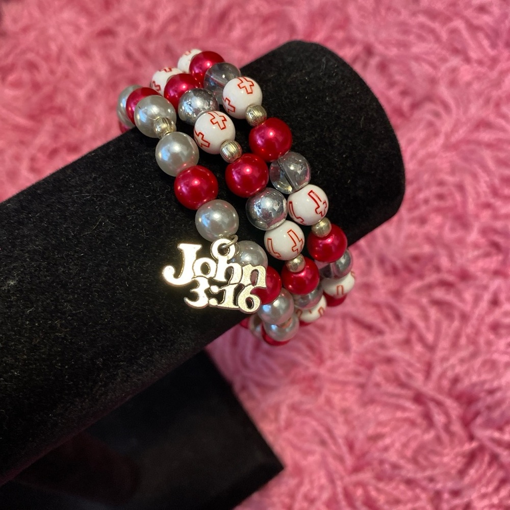 John 3:16 Red and White Handmade Charm Beaded Bracelets